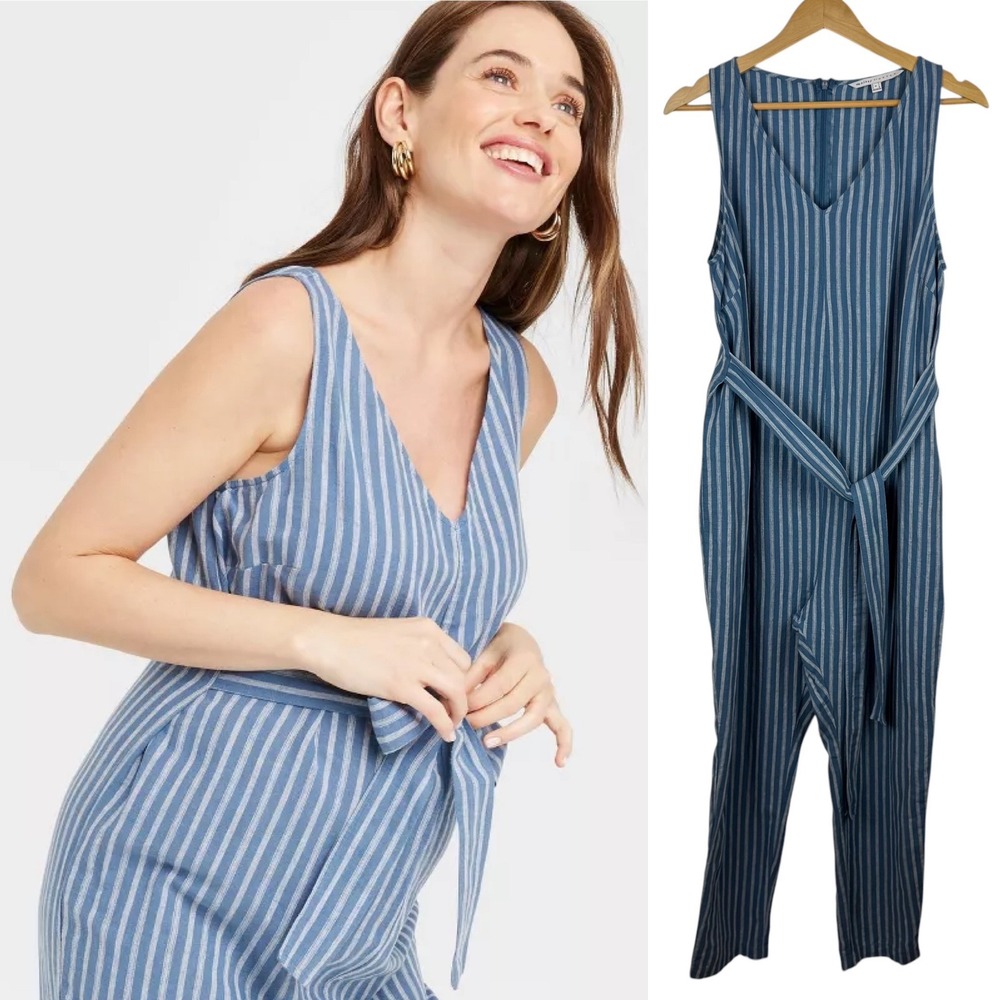 The Nines by Hatch Maternity Striped Linen Jumpsuit Sz M Blue Sleeveless Casual